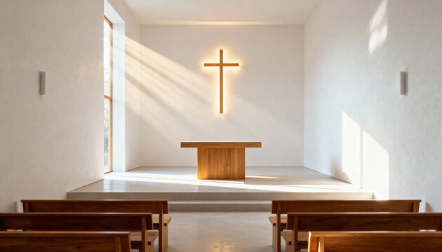 A modern church interior with a glowing cross and wooden altar. Sunlight streams into a minimalist chapel. Christian faith and worship concept - Powered by Adobe