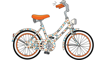 A white bicycle adorned with colorful stars and small bicycle illustrations