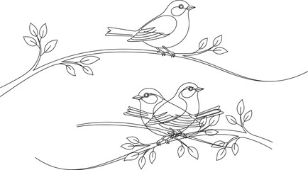 Minimalist Vector Line Art of Small Songbirds Perched on Flowing Branches with Leaves: Elegant Outline Design for Nature, Love, and Spring Themes.