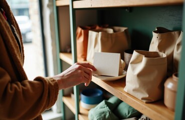 Obraz premium A woman shopping in a store with shelves filled with paper bags and containers