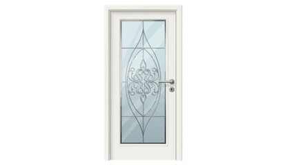 A white door with a decorative glass panel and silver handle