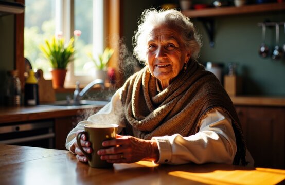 A cheerful elderly woman enjoying a warm drink in a cozy kitchen setting