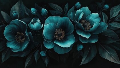 Digital painting group blue flowers leaves are large Close up of blooming