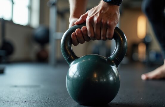 Man lifting kettlebell during workout in gym environment - Powered by Adobe