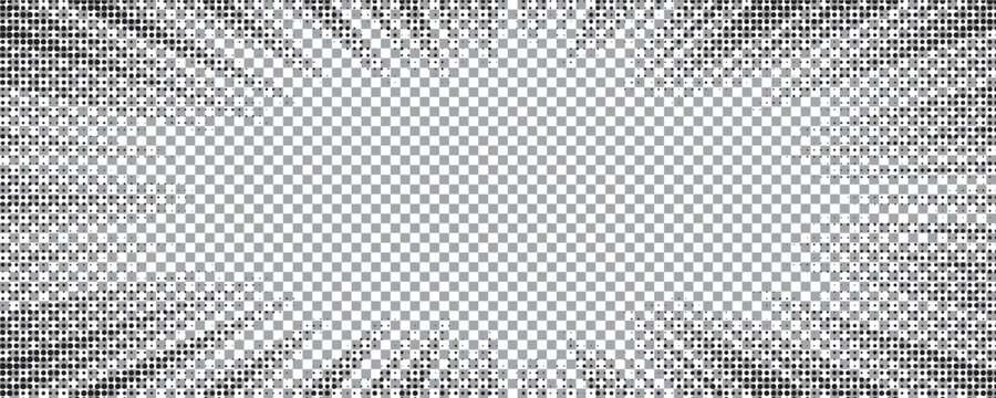 Edge frame. Halftone cartoon border. Pop art dot. Attention pattern. Faded attention texture. Black line isolated on white background. Concentration lines design. Grunge dots zoom.