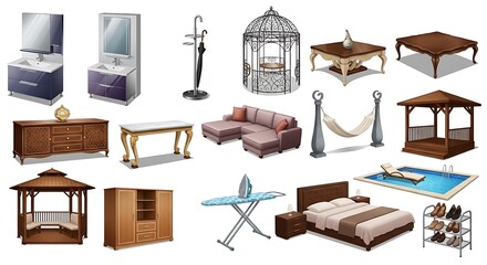 Stylish furniture and accessories set against a plain background showcases elegant design