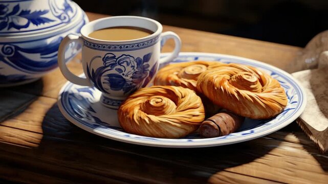 A plate of delicious croissants and a cup of coffee are placed on a wooden table. The croissants are arranged in a circular pattern on the blue plate, and the coffee is in a white cup