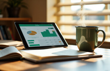 Tablet displaying business analytics with a steaming coffee mug on a wooden desk in a cozy home office setting