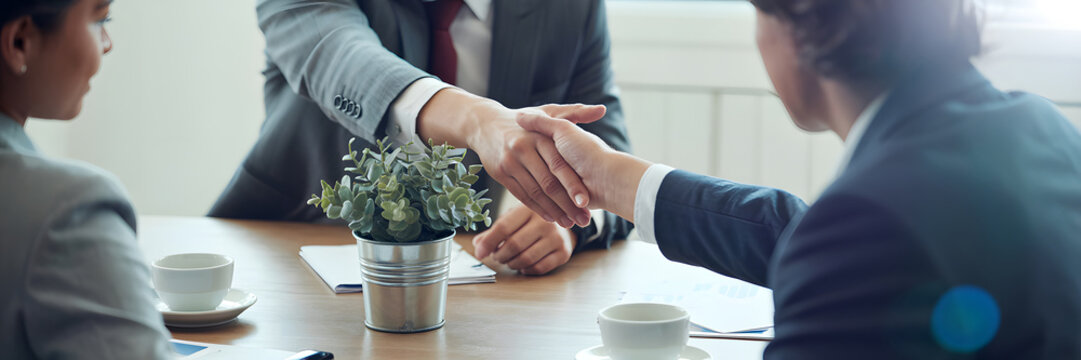 Robot and human shaking hands in a business meeting symbolizing partnership and future technology integration - Powered by Adobe