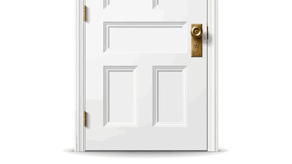 A white paneled door with a brass doorknob and hinges