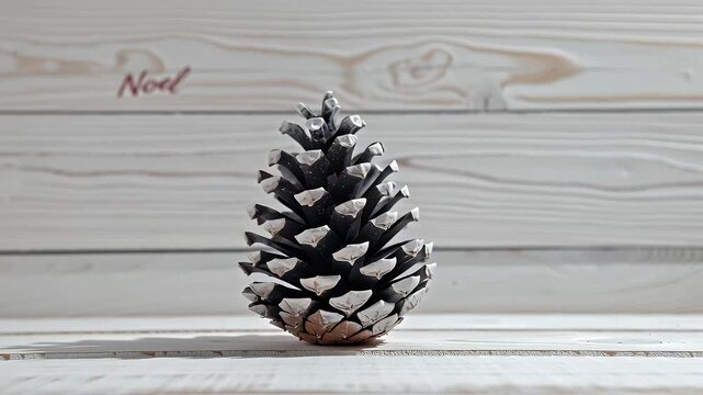Small frosted pine cone resting on pale wooden planks under winter light