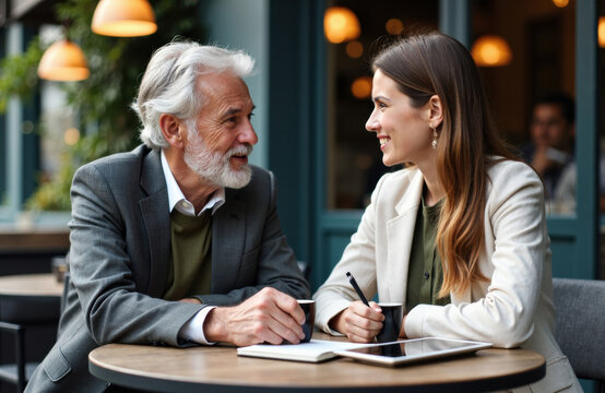 A man and a woman having a friendly conversation at a cafe table