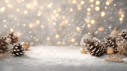 Obraz premium Christmas background featuring golden decorations, snowflakes, bokeh lights, space for text/products, pinecones, ornaments, and white snow — a dreamy holiday atmosphere.
