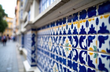 Colorful ceramic tiles with intricate blue and yellow patterns on an exterior wall