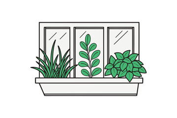 A Simple Illustration of a Window Box Filled with Lush Green Potted Plants