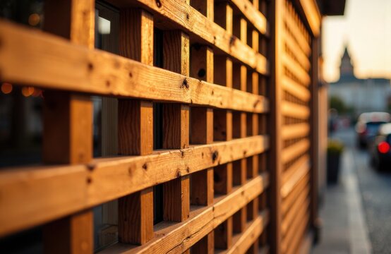 Wooden slats arranged in a geometric pattern on a building facade with warm lighting and blurred background