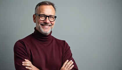Fototapeta premium Mature man smiles. He wears glasses a turtleneck. Senior male with grey hair poses in studio. Adult guy looks confident. Happy old person is a model.