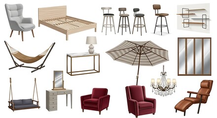 Diverse furniture arrangement showcases interior and exterior design elements beautifully together.