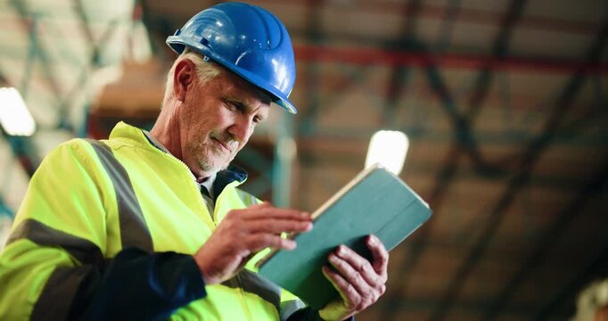 Warehouse, logistics or manager with tablet for storage inspection, export process or transport schedule. Tech, quality control or mature man with shipping agenda, inventory management or low angle