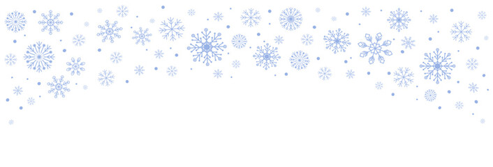 Delicate blue snowflakes on transparent background. Frosty border, winter background for greeting cards, ad, invitation and festive winter themes