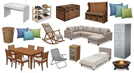 Diverse Furniture Collection Isolated, Featuring Living, Dining, Office, and Outdoor Pieces