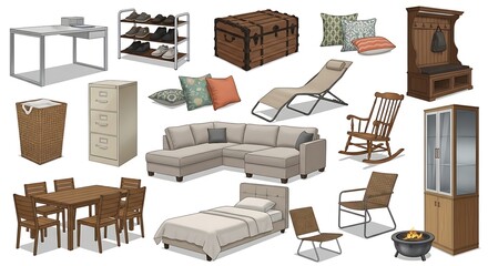 Assortment of Furniture and Household Items for Interior Design and Decoration