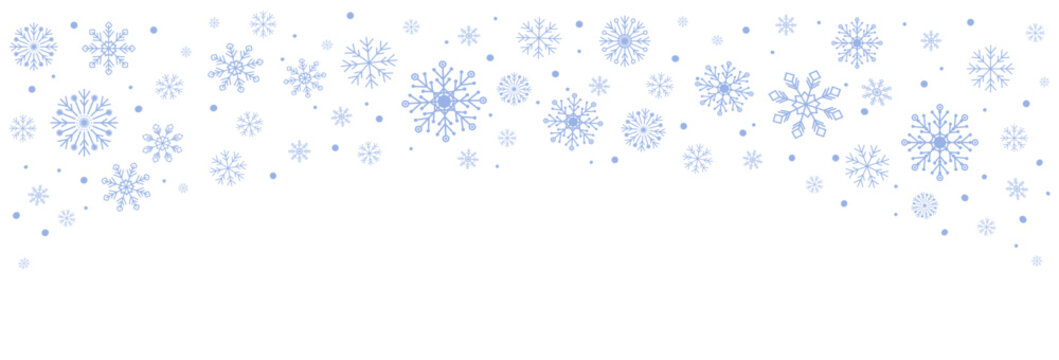 Delicate blue snowflakes on transparent background. Frosty border, winter background for greeting cards, ad, invitation and festive winter themes