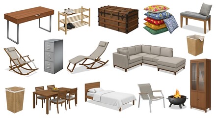 Assorted indoor and outdoor furniture pieces arranged on a white background