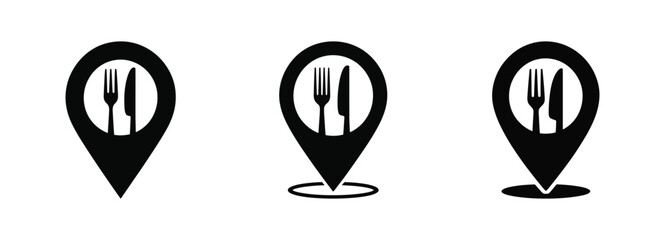 Restaurant location map pin icon set for dining and food services