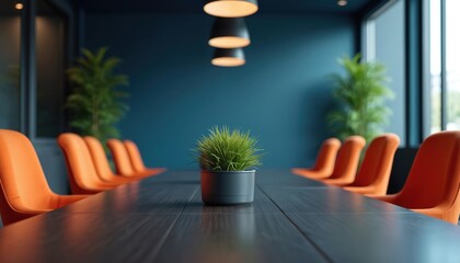 Modern conference room with dark table, bright orange chairs, and plants. Sleek interior design suits business meetings and corporate strategy discussions. Space evokes focus and collaboration.