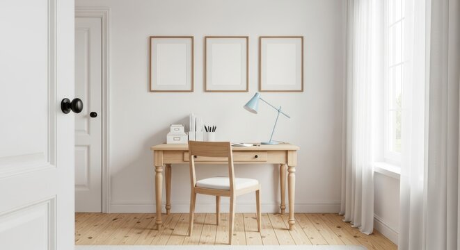 Brightly lit home office with a wooden desk, chair, and three empty picture frames on the wall, with a desk lamp and stationery visible