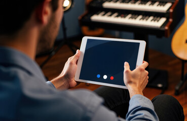 Person using a tablet in a music studio with musical instruments in the background