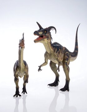 Dilophosaurus and Herrerasaurus Dinosaur Figures on White Background.