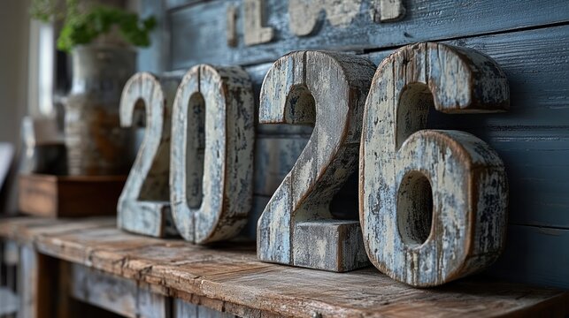 Wooden 2026 numerals on rustic mantel