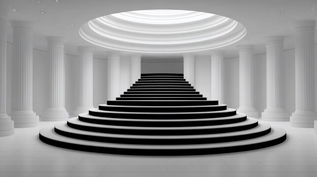Dramatic monochrome image of a grand staircase leading to a domed skylight interior