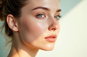 Fototapeta premium Woman with clear skin and natural makeup looking at the camera in bright light