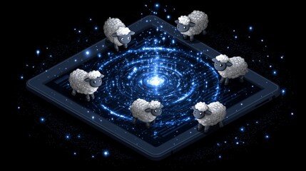 Dreamy electronic device showing a galaxy with sheeps concept of digital sleep aid