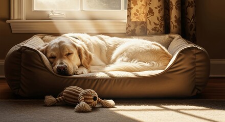 Sleeping Labrador Retriever Dog in Cozy Bed with Toy in Sunlight.