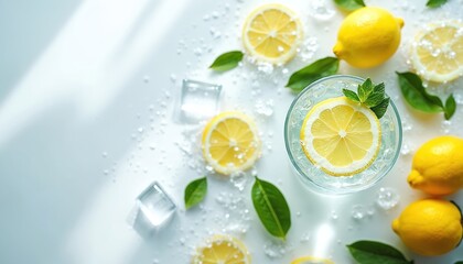 Glass of water with lemon slice, ice cubes, and mint leaves. Fresh lemons and green leaves scattered around, suggesting a refreshing summer drink or healthy beverage.