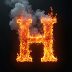 Fiery letter H engulfed in bright orange flames and billowing smoke against dark background. Intense heat and light emanate from burning alphabet symbol. Dramatic hot graphic design.