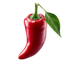 Vibrant red chili pepper with a fresh green leaf, adding color to any dish.