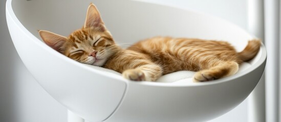 Orange tabby cat sleeping peacefully white bed is cute happy