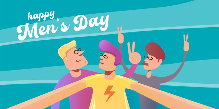 International Men's Day banner with man and boys celebrating holiday. Happy mens day poster with man and boy