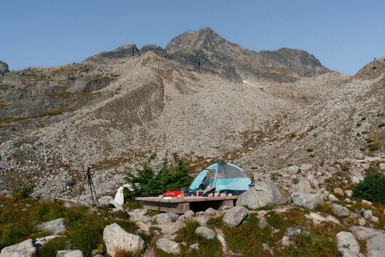 High altitude camping experience under the clear sky in the mountains.