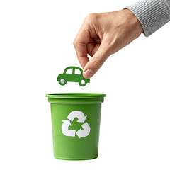 Hand placing a toy car into a green recycling bin, promoting eco-friendly habits.