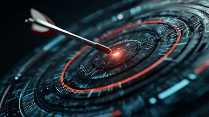 Precision arrow hitting bullseye on futuristic digital target, symbolizing perfect accuracy and strategic success in high tech goals