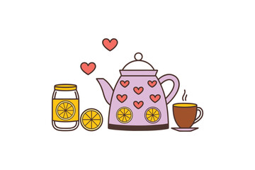 Adorable Heart-Decorated Teapot with Lemon and Hot Beverage, Cute Illustration