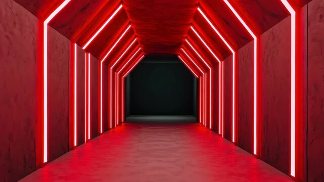 Neon tunnel red light futuristic corridor with glowing lines and geometric architecture, modern interior sci fi passage and symmetrical design&mdash;moody