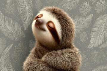 Obraz premium Cute Sloth Smiling with Eyes Closed on Feather Pattern Background, Happy Animal Illustration for Relaxation, Peace, and Tranquility Concepts