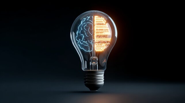 Illuminating innovation, this conceptual lightbulb showcases a vibrant brain merging organic thought with digital circuitry for futuristic ideas.